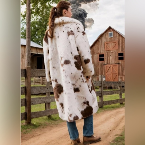 NWOT Women Cow Faux Fur Lapel Maxi Coat Fleece Outwear Jacket with Pockets - Picture 2 of 13